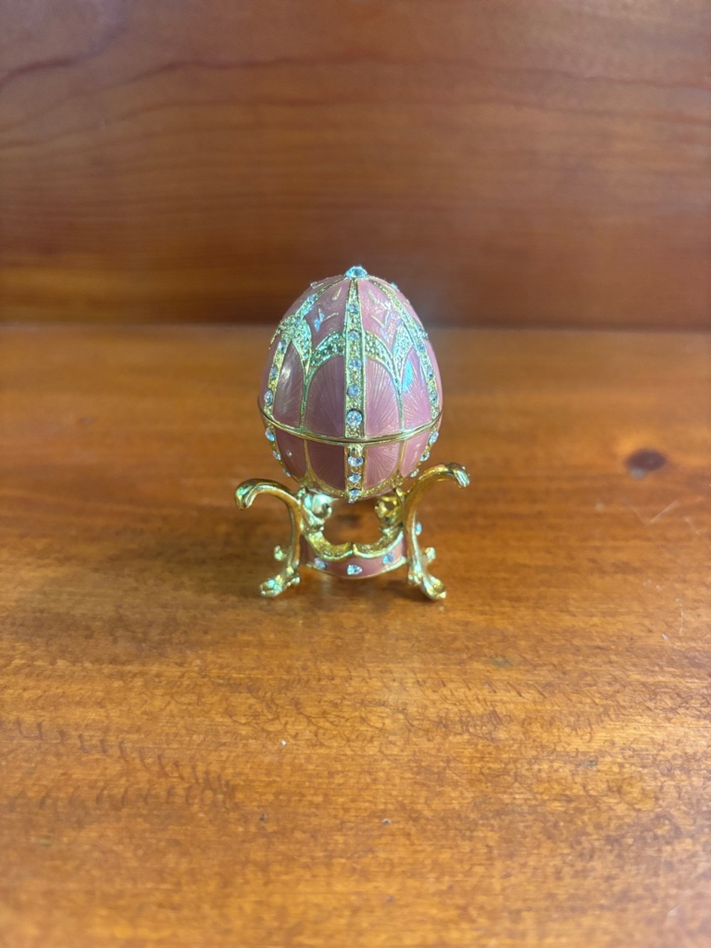 Pink Jeweled Egg Trinket Box and Necklace with Gold Stand